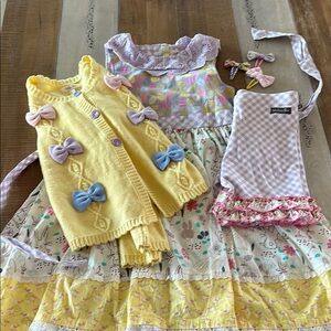 Matilda Jane Purple and Yellow Girls' Dress, Sweater, Shorts & Hair Clips